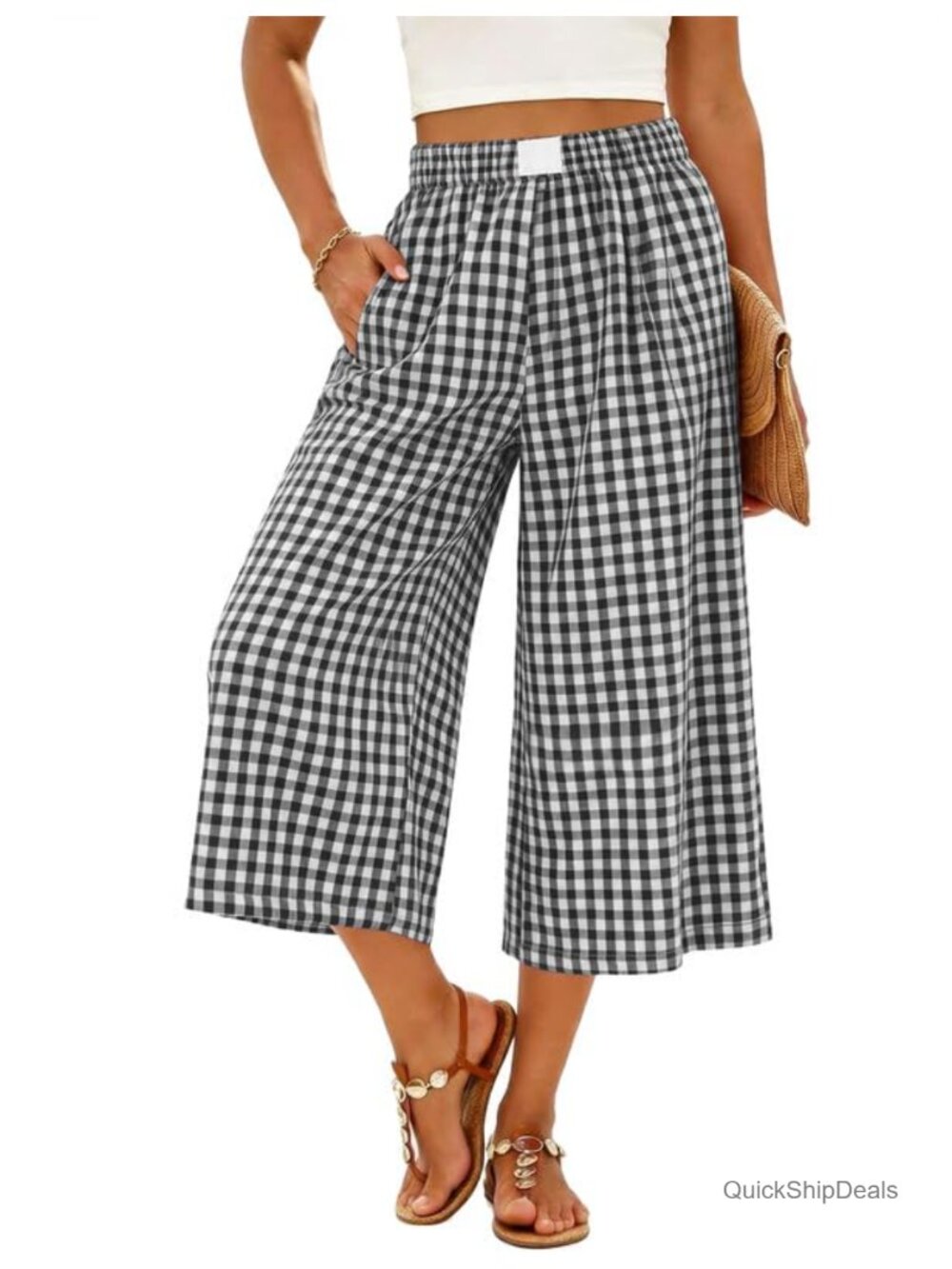 Womens Wide Leg Gingham Capri Pants Cotton Palazzo Pull On High Rise Flowy